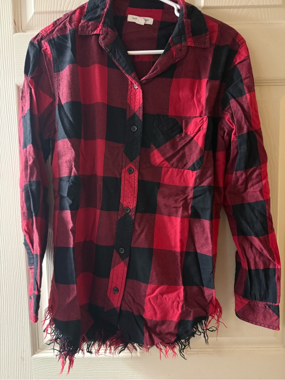 beachlunchlounge Red and Black Buffalo Plaid Button-Down Shirt with Frayed Hem
